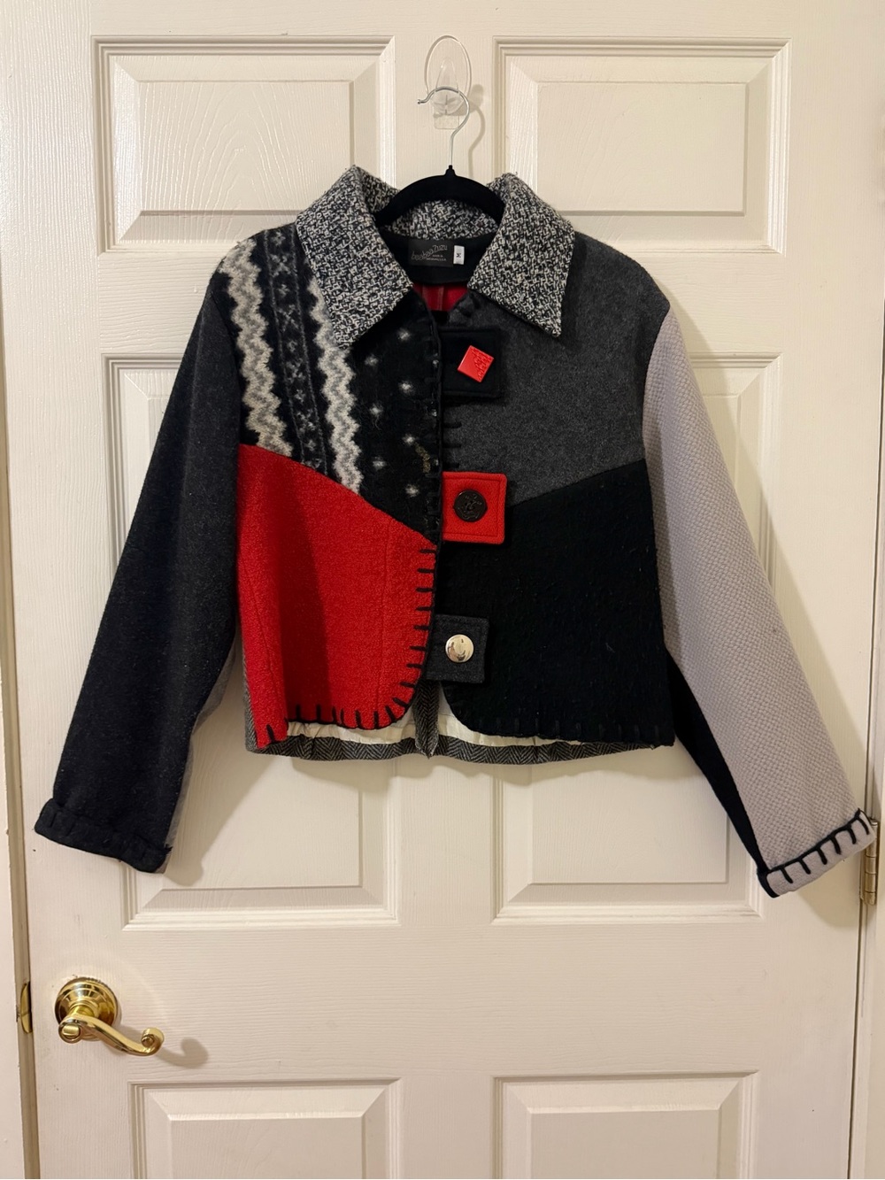 Colorblock Pea Coat in Red, Black & Gray - Eclectic Patchwork Style